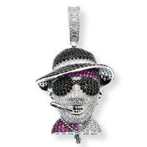 Sterling Silver 925 Mafia Smoking Cigar Baguette and Round Black CZ Pendant